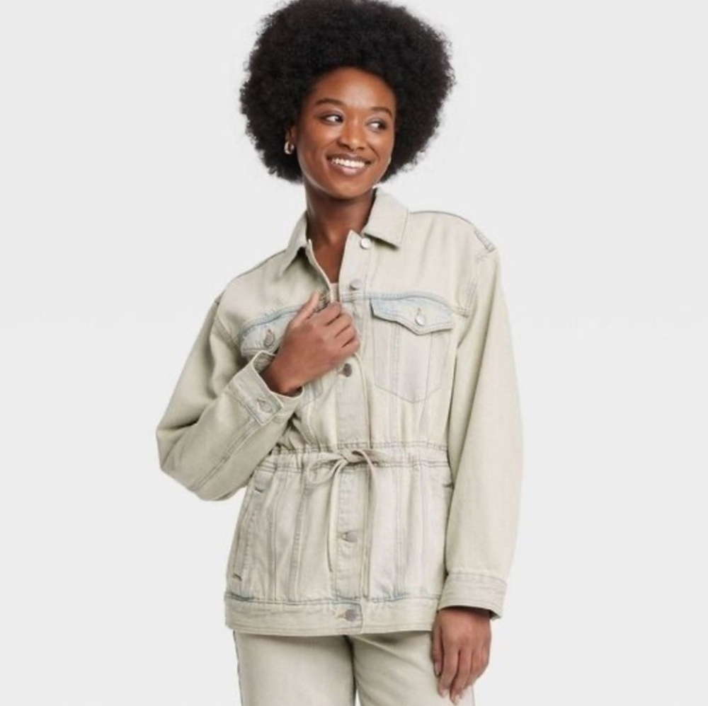 Oversized Denim Jacket With Waist Drawstring